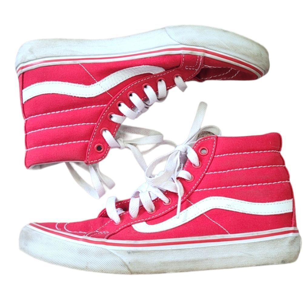 Women's Red High-Top Canvas Sneakers with White Stripe Size 7